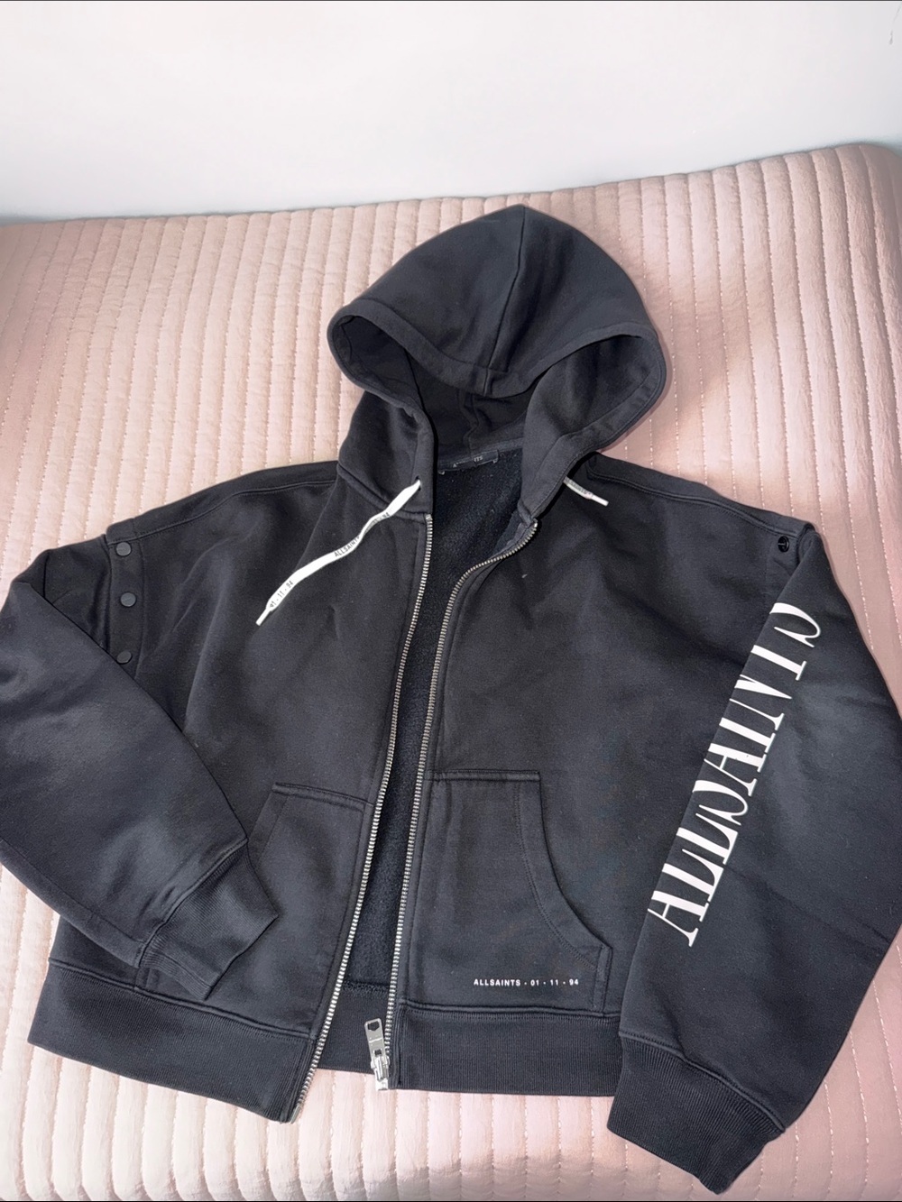 AllSaints Black Hooded Zip-Up Sweatshirt Jacket with White Sleeve Lettering